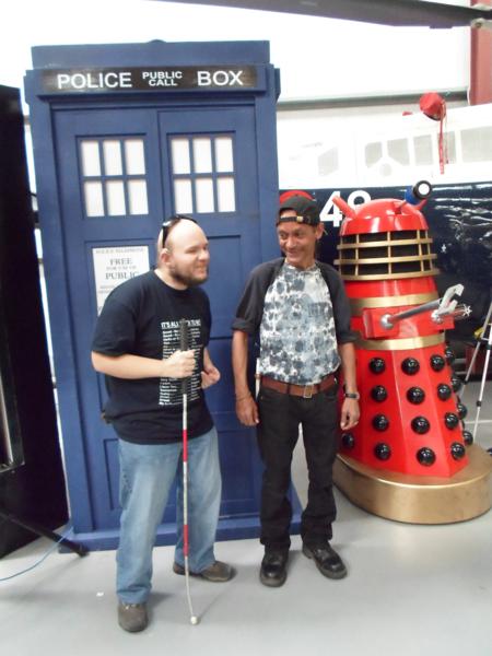 Tony, Warren and a Dalek outside the Tardis